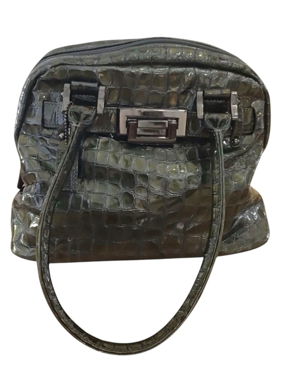 DANIER satchel leather green croco pattern patine shoulder metal feet midsize